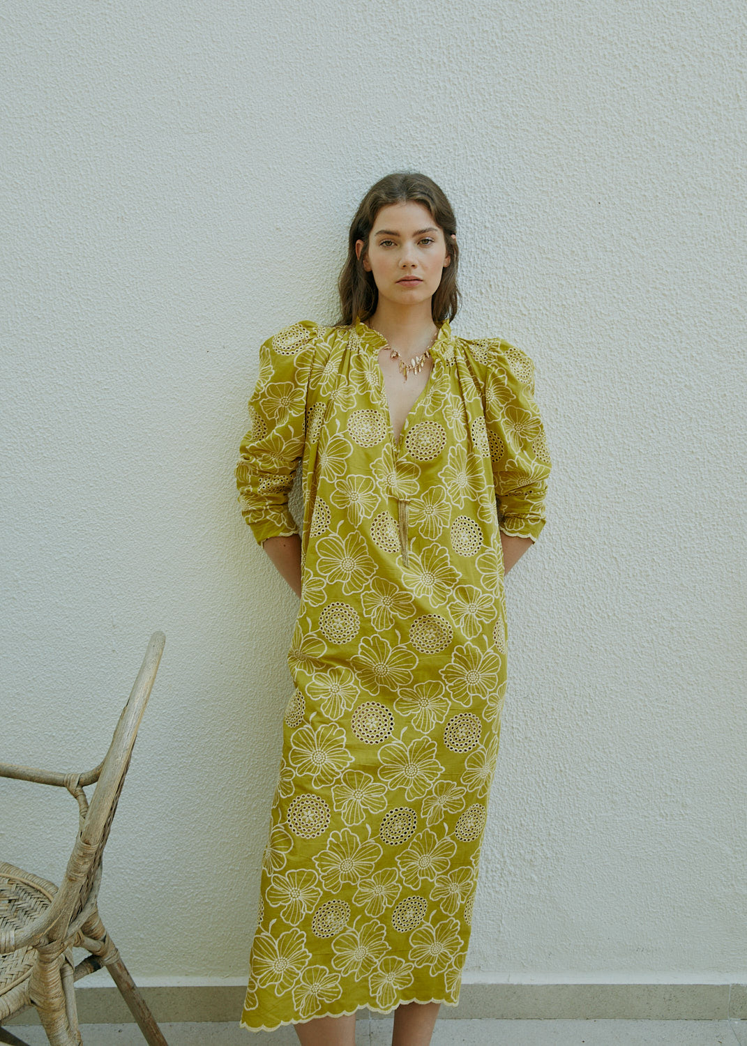 TRACEY embroidered mustard dress