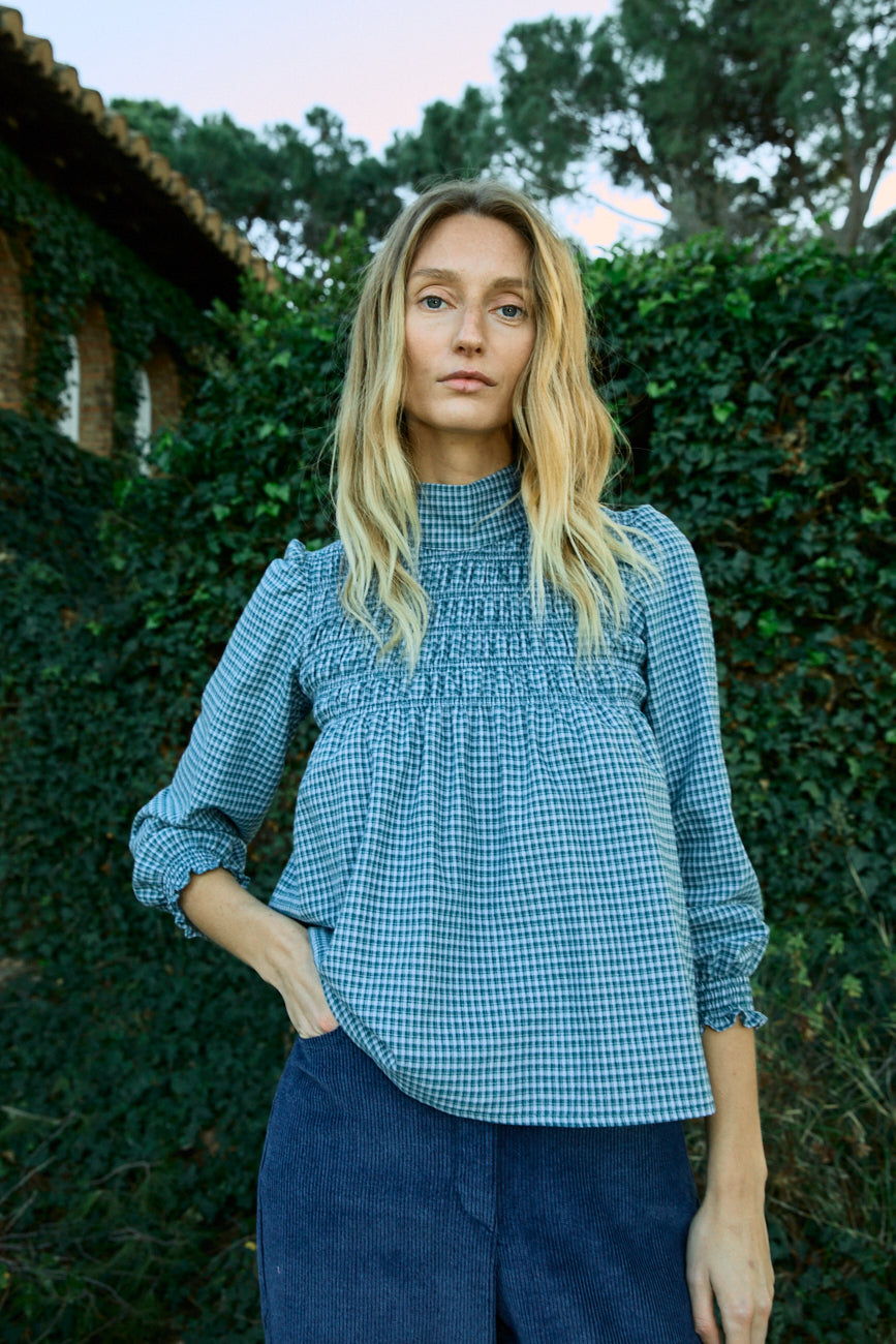 Eline blue check blouse