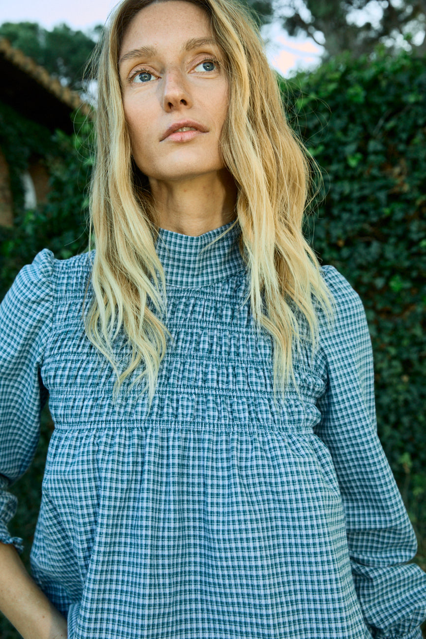 Eline blue check blouse
