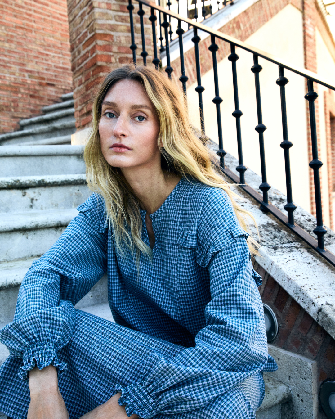 Andrea blue check blouse